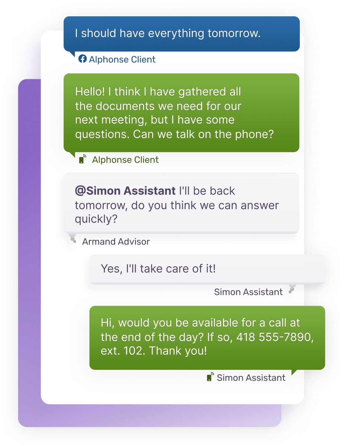 Example of a unified chat feed, with SMS messages, a Facebook message, and internal messages between advisors